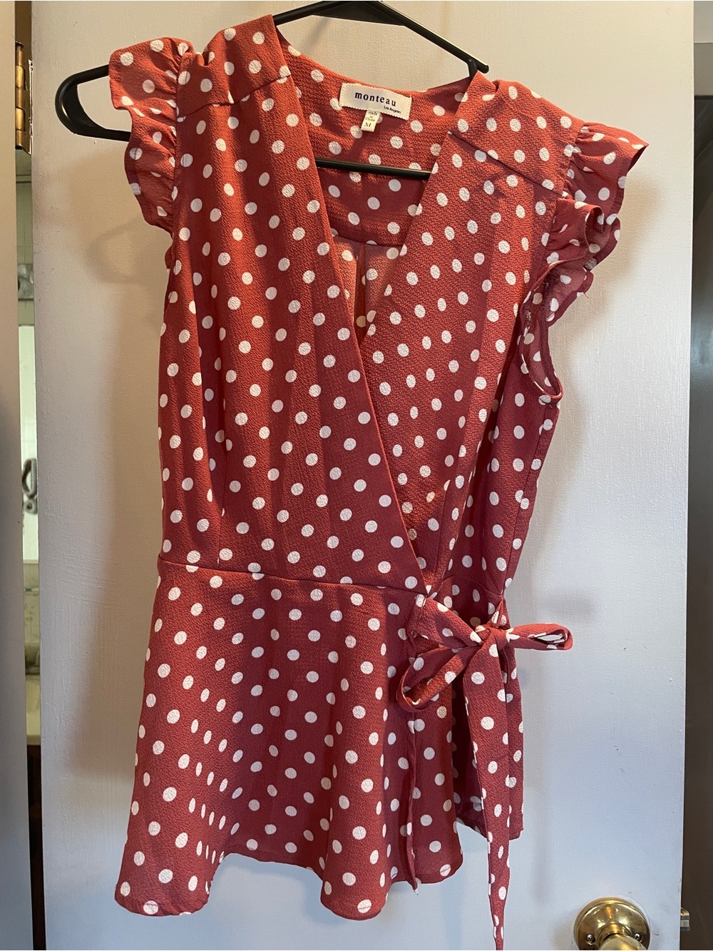 Monteau Rust Red Polka Dot Wrap Top size M